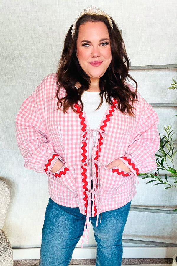 Spell Bound Red & Pink Cotton Ribbon Tie Gingham Pocket Jacket - Coeur de la Mode