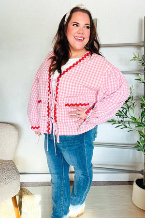 Spell Bound Red & Pink Cotton Ribbon Tie Gingham Pocket Jacket - Coeur de la Mode