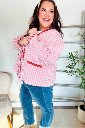 Spell Bound Red & Pink Cotton Ribbon Tie Gingham Pocket Jacket - Coeur de la Mode