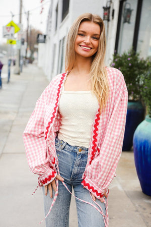 Spell Bound Red & Pink Cotton Ribbon Tie Gingham Pocket Jacket - Coeur de la Mode