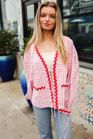 Spell Bound Red & Pink Cotton Ribbon Tie Gingham Pocket Jacket - Coeur de la Mode