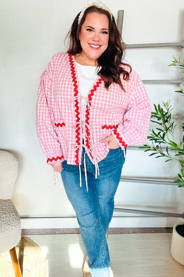 Spell Bound Red & Pink Cotton Ribbon Tie Gingham Pocket Jacket - Coeur de la Mode