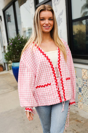 Spell Bound Red & Pink Cotton Ribbon Tie Gingham Pocket Jacket - Coeur de la Mode
