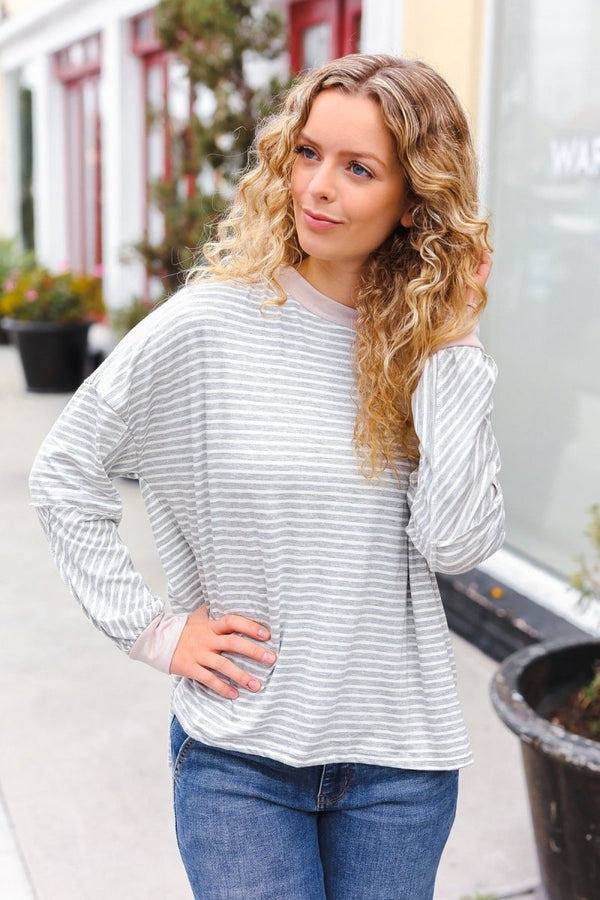Spread Joy Grey & Ivory Striped Oversized Top - Coeur de la Mode