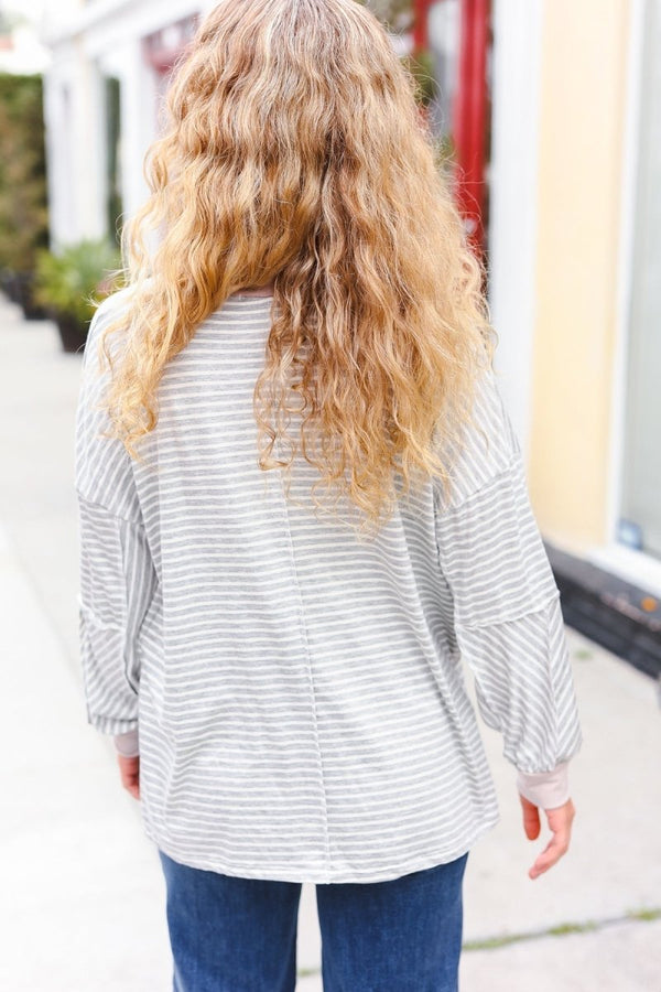 Spread Joy Grey & Ivory Striped Oversized Top - Coeur de la Mode