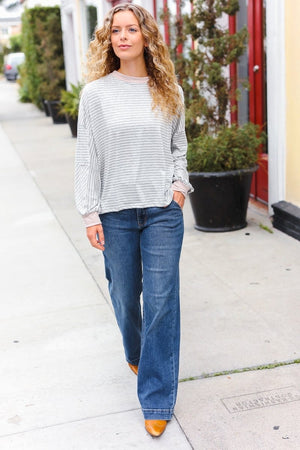 Spread Joy Grey & Ivory Striped Oversized Top - Coeur de la Mode