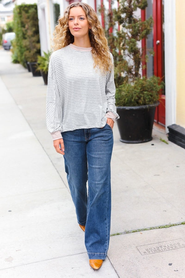 Spread Joy Grey & Ivory Striped Oversized Top - Coeur de la Mode
