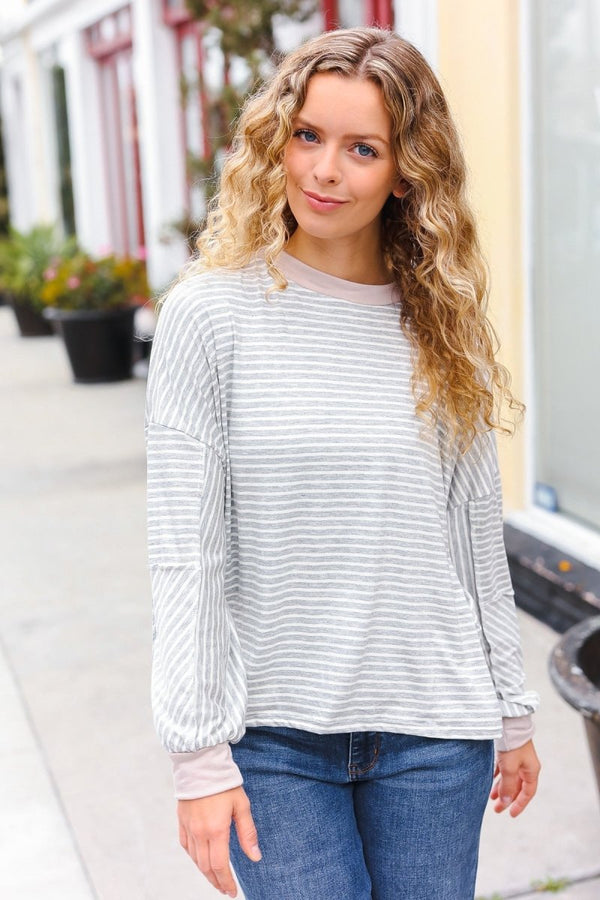 Spread Joy Grey & Ivory Striped Oversized Top - Coeur de la Mode