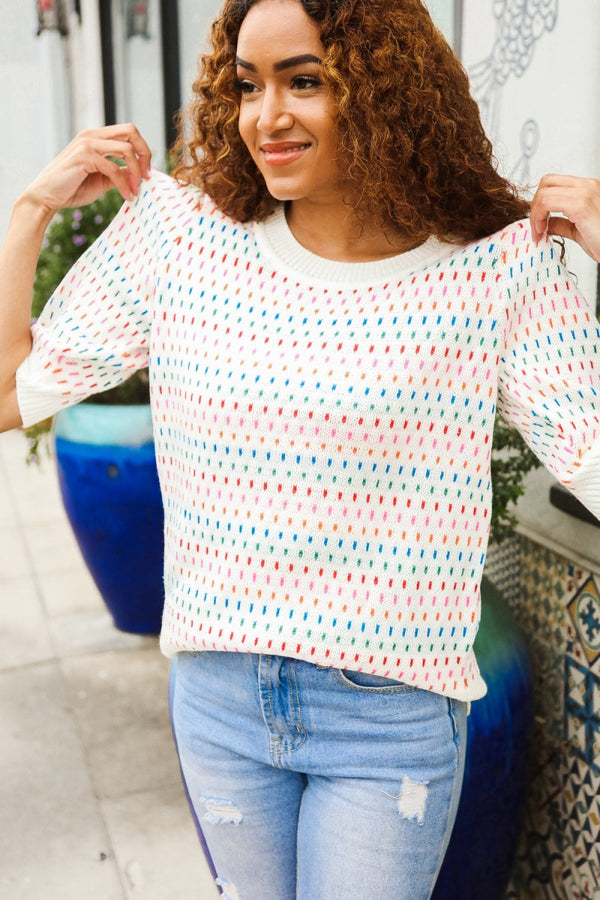 Spread Joy Ivory & Multicolor Jacquard Bubble Sleeve Sweater - Coeur de la Mode