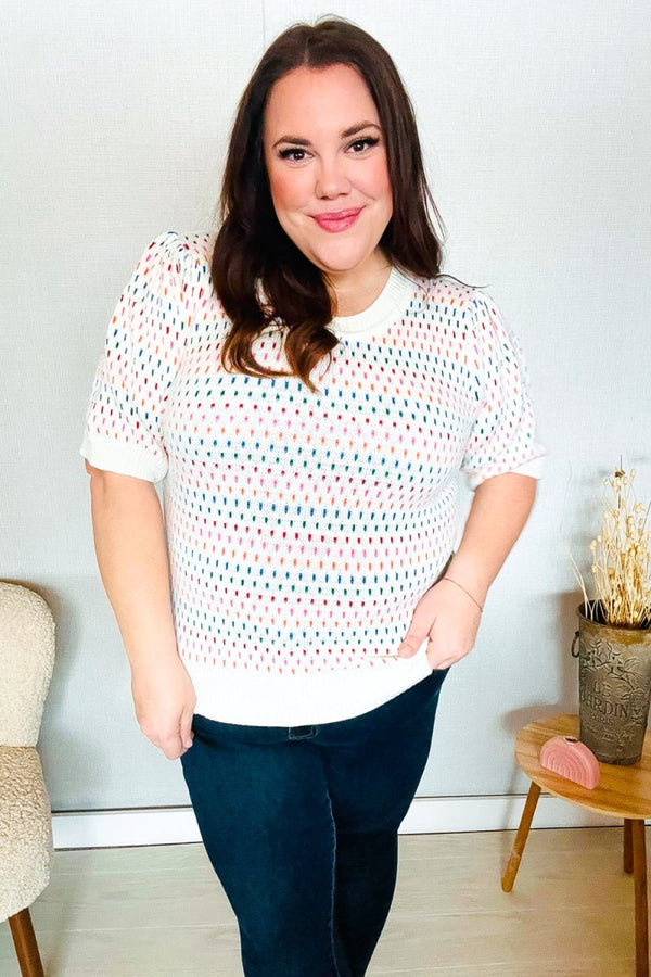 Spread Joy Ivory & Multicolor Jacquard Bubble Sleeve Sweater - Coeur de la Mode