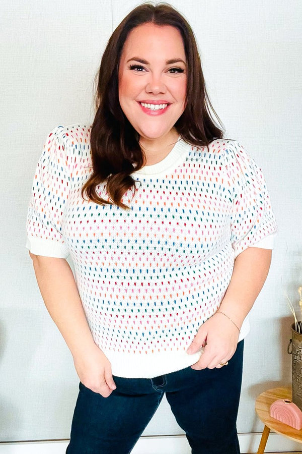 Spread Joy Ivory & Multicolor Jacquard Bubble Sleeve Sweater - Coeur de la Mode