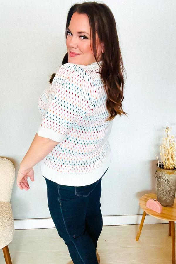 Spread Joy Ivory & Multicolor Jacquard Bubble Sleeve Sweater - Coeur de la Mode