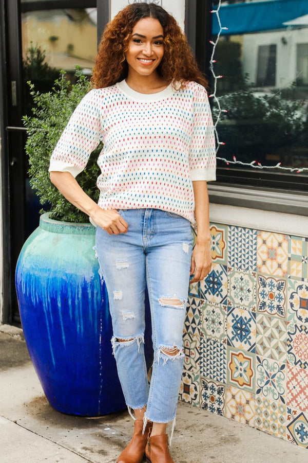 Spread Joy Ivory & Multicolor Jacquard Bubble Sleeve Sweater - Coeur de la Mode