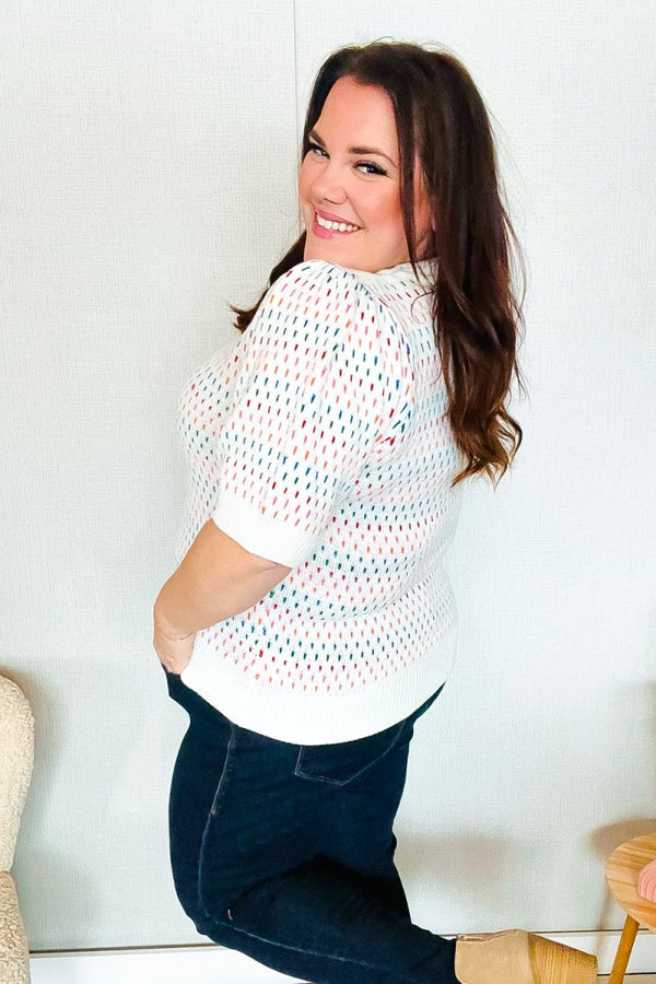 Spread Joy Ivory & Multicolor Jacquard Bubble Sleeve Sweater - Coeur de la Mode