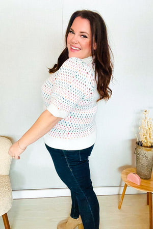 Spread Joy Ivory & Multicolor Jacquard Bubble Sleeve Sweater - Coeur de la Mode