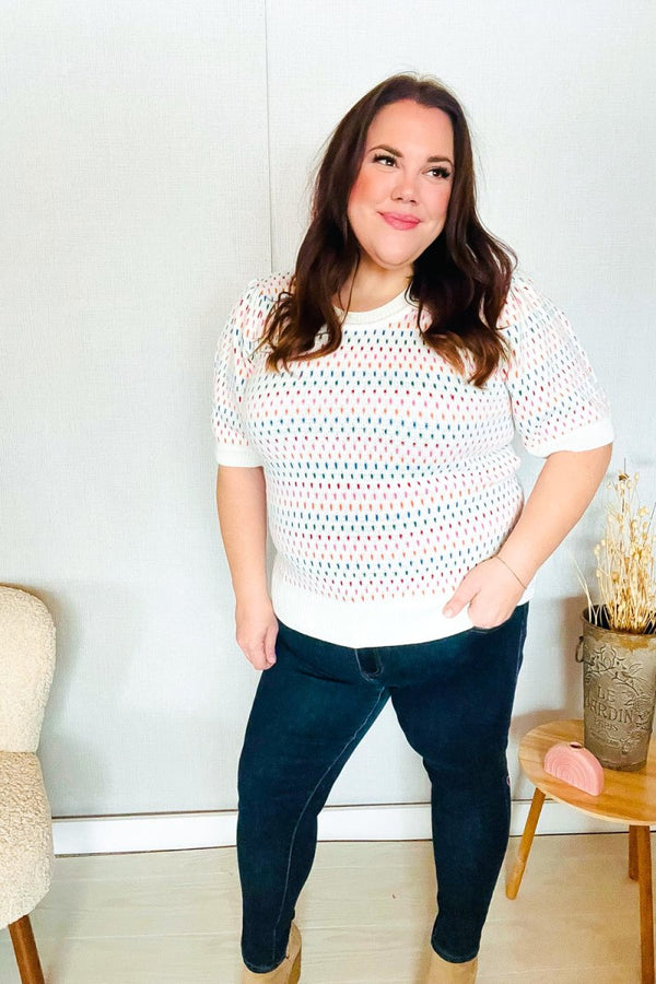 Spread Joy Ivory & Multicolor Jacquard Bubble Sleeve Sweater - Coeur de la Mode