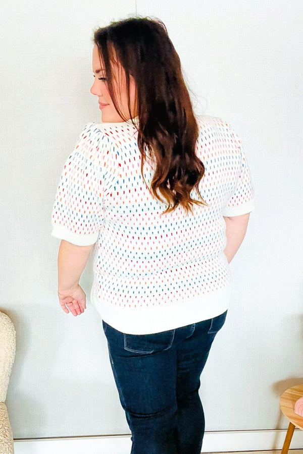 Spread Joy Ivory & Multicolor Jacquard Bubble Sleeve Sweater - Coeur de la Mode
