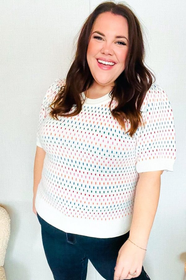 Spread Joy Ivory & Multicolor Jacquard Bubble Sleeve Sweater - Coeur de la Mode
