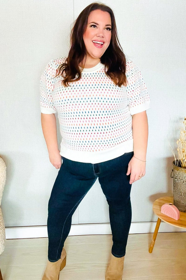 Spread Joy Ivory & Multicolor Jacquard Bubble Sleeve Sweater - Coeur de la Mode