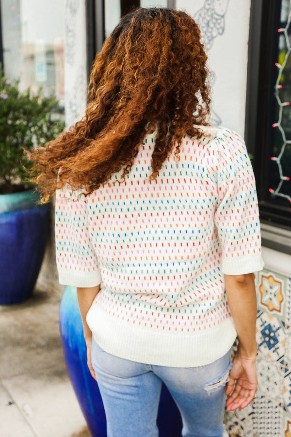 Spread Joy Ivory & Multicolor Jacquard Bubble Sleeve Sweater - Coeur de la Mode