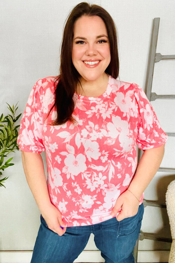 Spring Vibes Coral Wavy Rib Puff Short Sleeves Floral Top - Coeur de la Mode