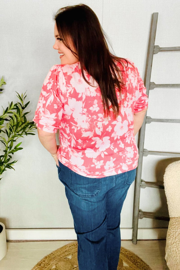 Spring Vibes Coral Wavy Rib Puff Short Sleeves Floral Top - Coeur de la Mode