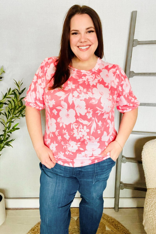 Spring Vibes Coral Wavy Rib Puff Short Sleeves Floral Top - Coeur de la Mode