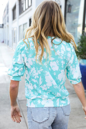 Spring Vibes Mint Wavy Rib Puff Short Sleeves Floral Top - Coeur de la Mode