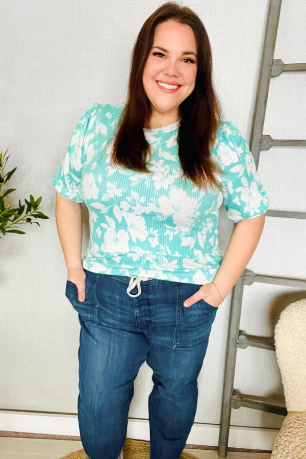 Spring Vibes Mint Wavy Rib Puff Short Sleeves Floral Top - Coeur de la Mode