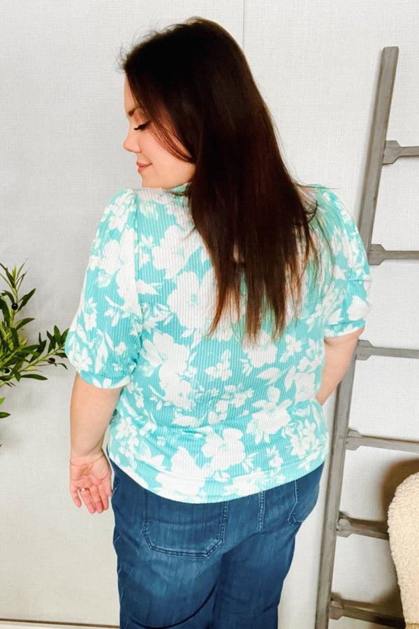 Spring Vibes Mint Wavy Rib Puff Short Sleeves Floral Top - Coeur de la Mode