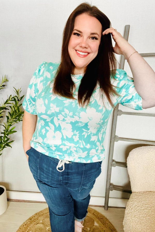 Spring Vibes Mint Wavy Rib Puff Short Sleeves Floral Top - Coeur de la Mode