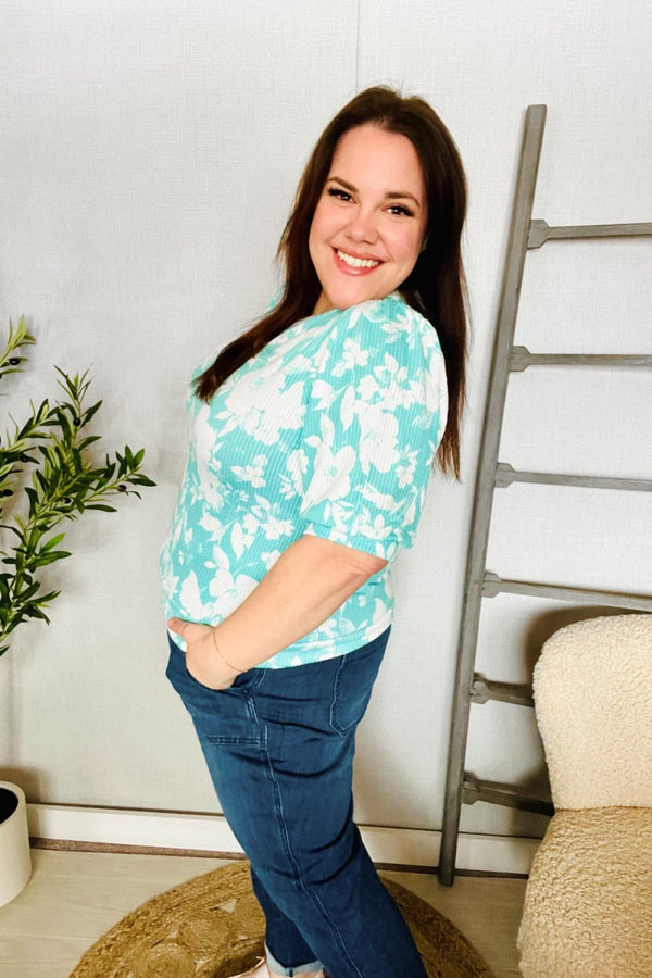 Spring Vibes Mint Wavy Rib Puff Short Sleeves Floral Top - Coeur de la Mode
