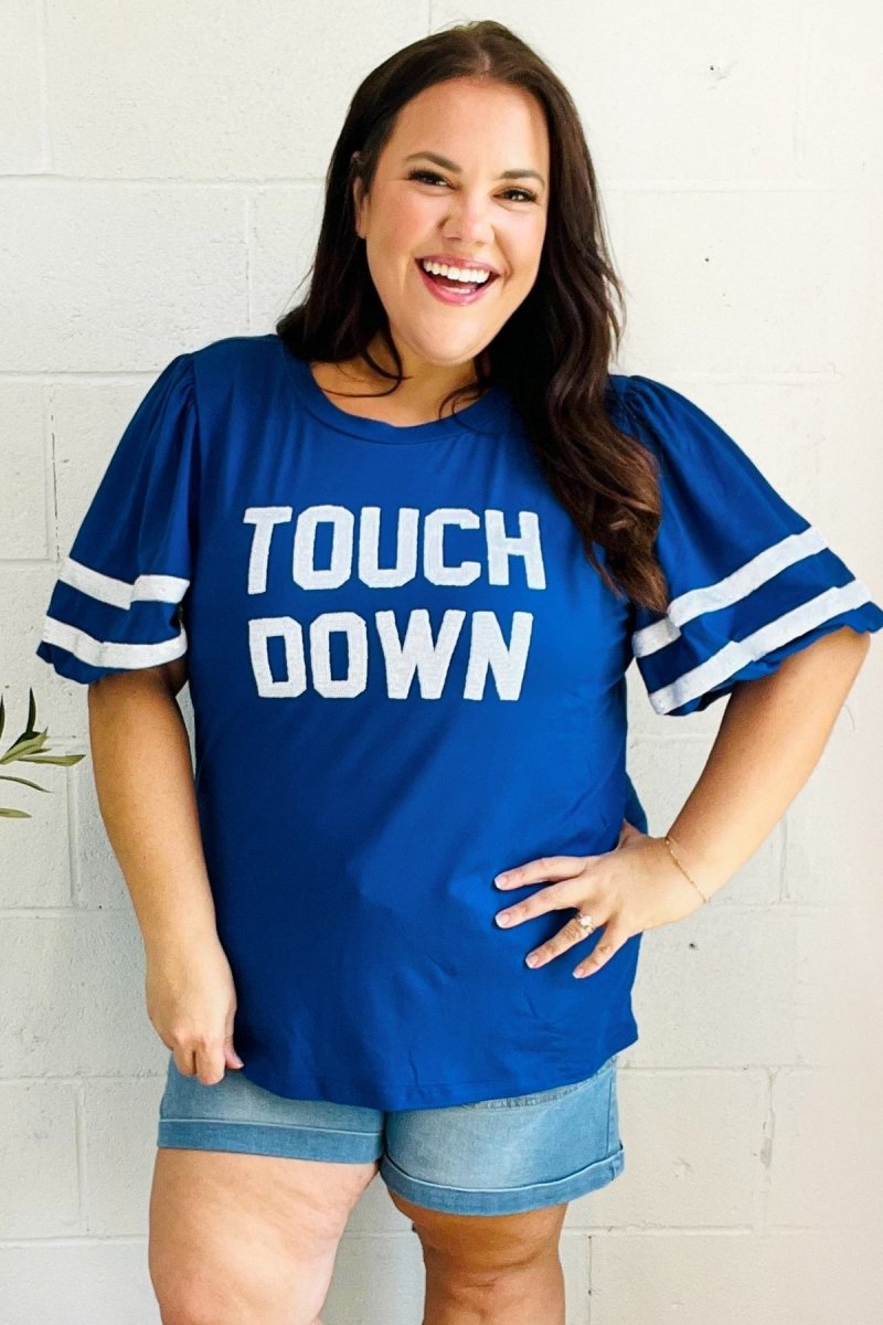 Stand Out Blue "TOUCHDOWN" Sequin Bubble Sleeve Game Day Top - Coeur de la Mode
