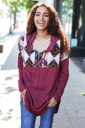 Stand Out Burgundy Tribal Print Half Zip Longline Hoodie - Coeur de la Mode