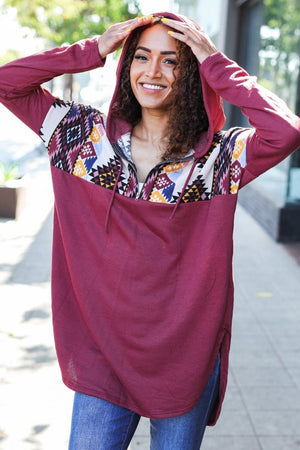 Stand Out Burgundy Tribal Print Half Zip Longline Hoodie - Coeur de la Mode