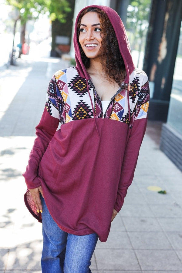Stand Out Burgundy Tribal Print Half Zip Longline Hoodie - Coeur de la Mode