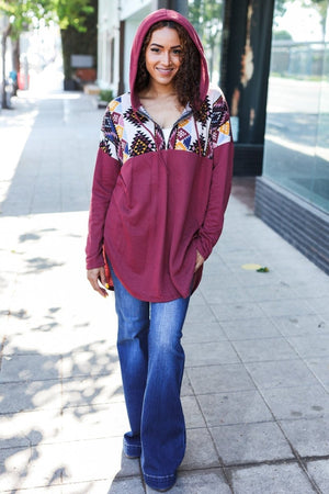 Stand Out Burgundy Tribal Print Half Zip Longline Hoodie - Coeur de la Mode