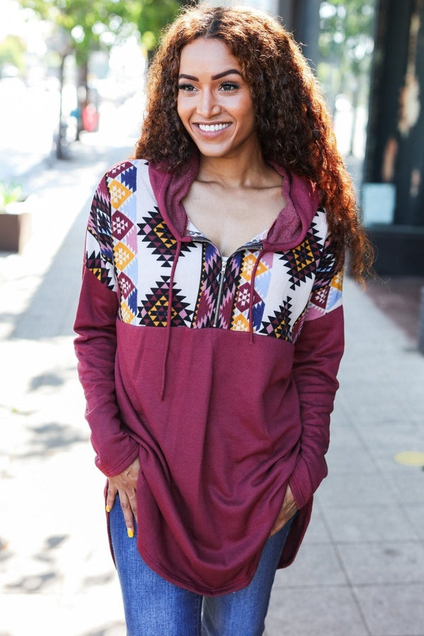 Stand Out Burgundy Tribal Print Half Zip Longline Hoodie - Coeur de la Mode