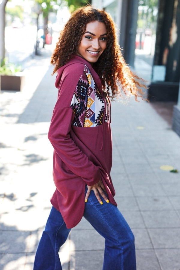 Stand Out Burgundy Tribal Print Half Zip Longline Hoodie - Coeur de la Mode