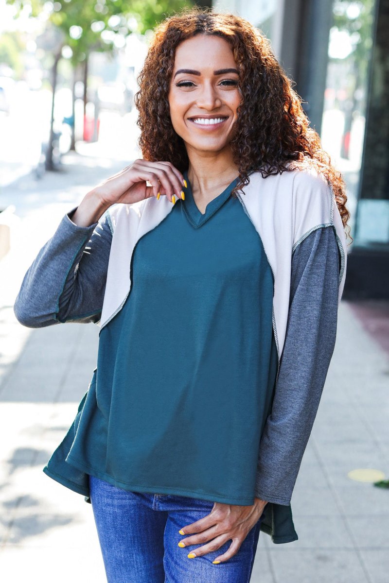 Stand Out Hunter Green V Neck Raglan Color Block Outseam Top - Coeur de la Mode