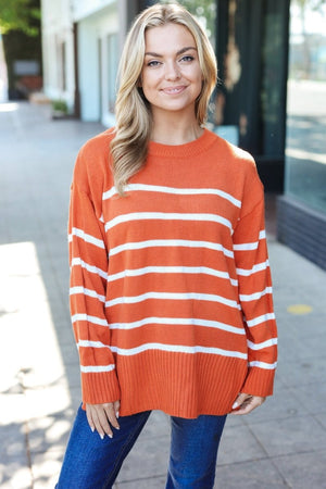 Stand Out Rust Striped Oversized Knit Sweater - Coeur de la Mode