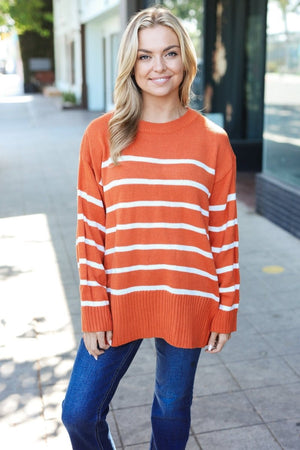 Stand Out Rust Striped Oversized Knit Sweater - Coeur de la Mode