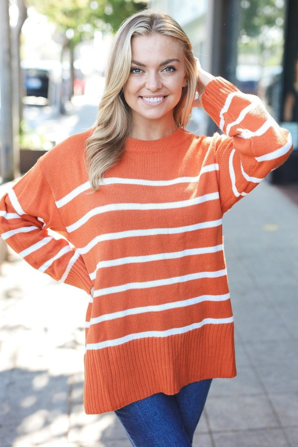 Stand Out Rust Striped Oversized Knit Sweater - Coeur de la Mode