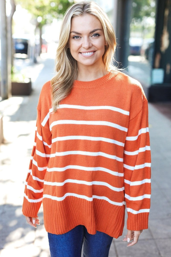 Stand Out Rust Striped Oversized Knit Sweater - Coeur de la Mode