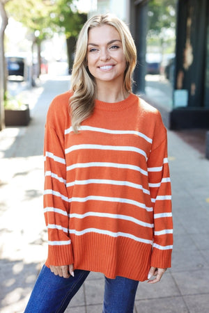 Stand Out Rust Striped Oversized Knit Sweater - Coeur de la Mode