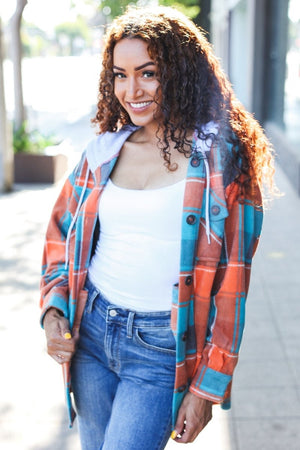 Stand Out Teal & Orange Plaid Fleece Hoodie Shacket - Coeur de la Mode