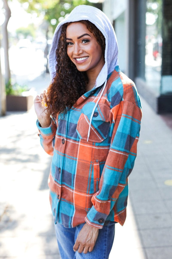 Stand Out Teal & Orange Plaid Fleece Hoodie Shacket - Coeur de la Mode