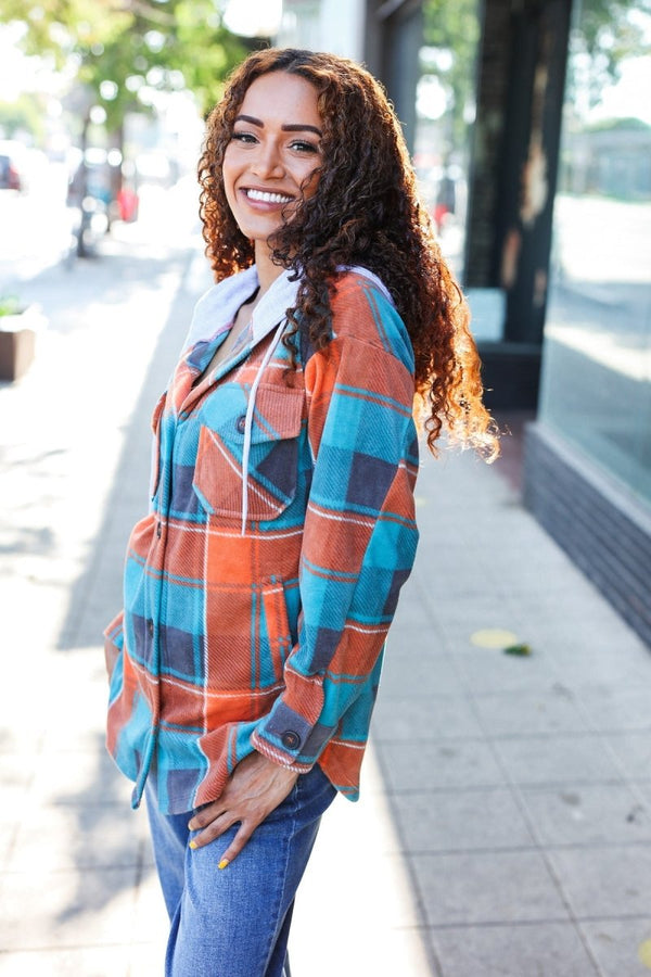 Stand Out Teal & Orange Plaid Fleece Hoodie Shacket - Coeur de la Mode