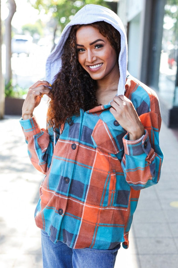 Stand Out Teal & Orange Plaid Fleece Hoodie Shacket - Coeur de la Mode