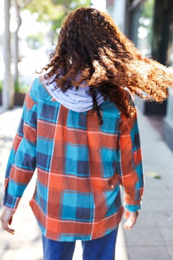 Stand Out Teal & Orange Plaid Fleece Hoodie Shacket - Coeur de la Mode